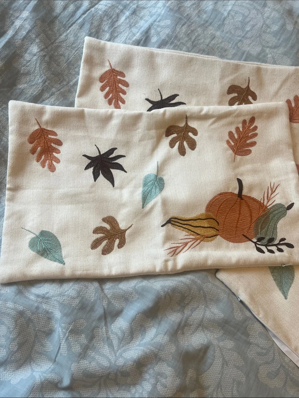 Autumn Harvest Pumpkin Embroidered Pillow Covers- Cream